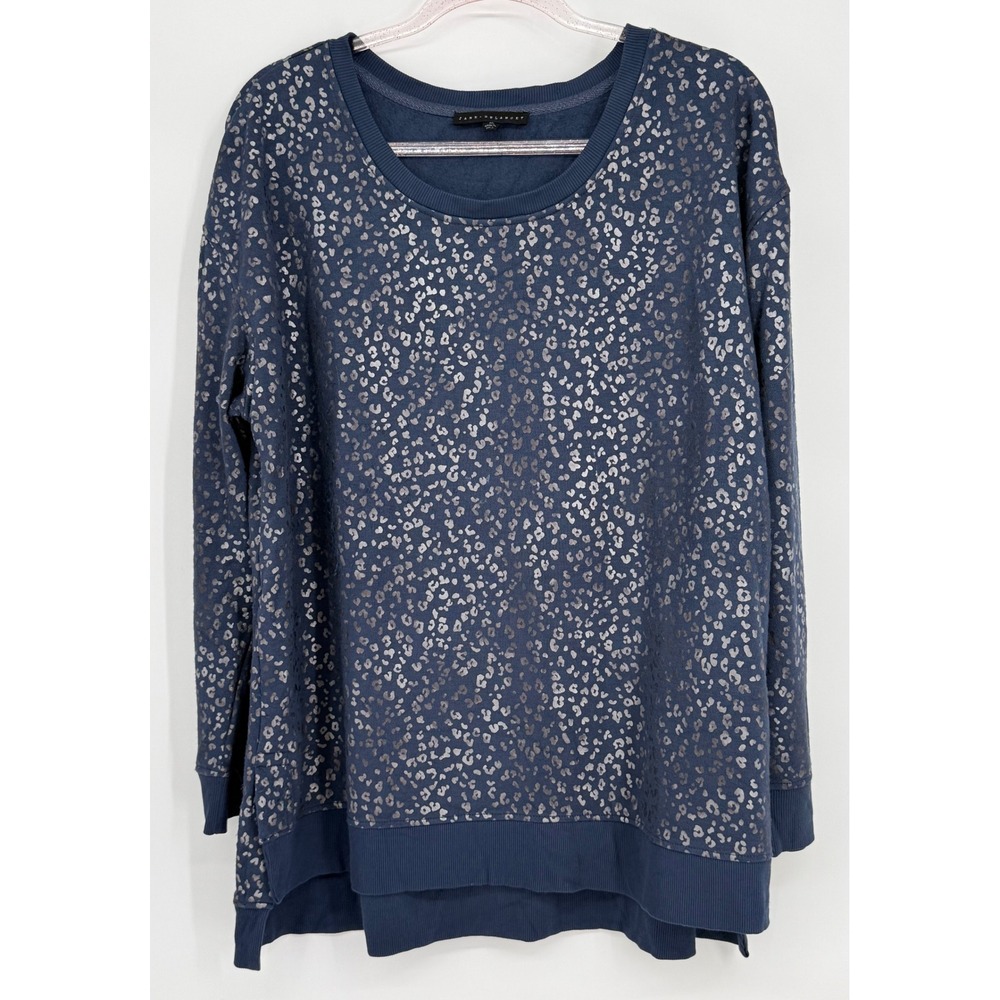 Jane + Delancey Womens Navy Blue Metallic Silver Leopard Print Sweatshirt Sz XL